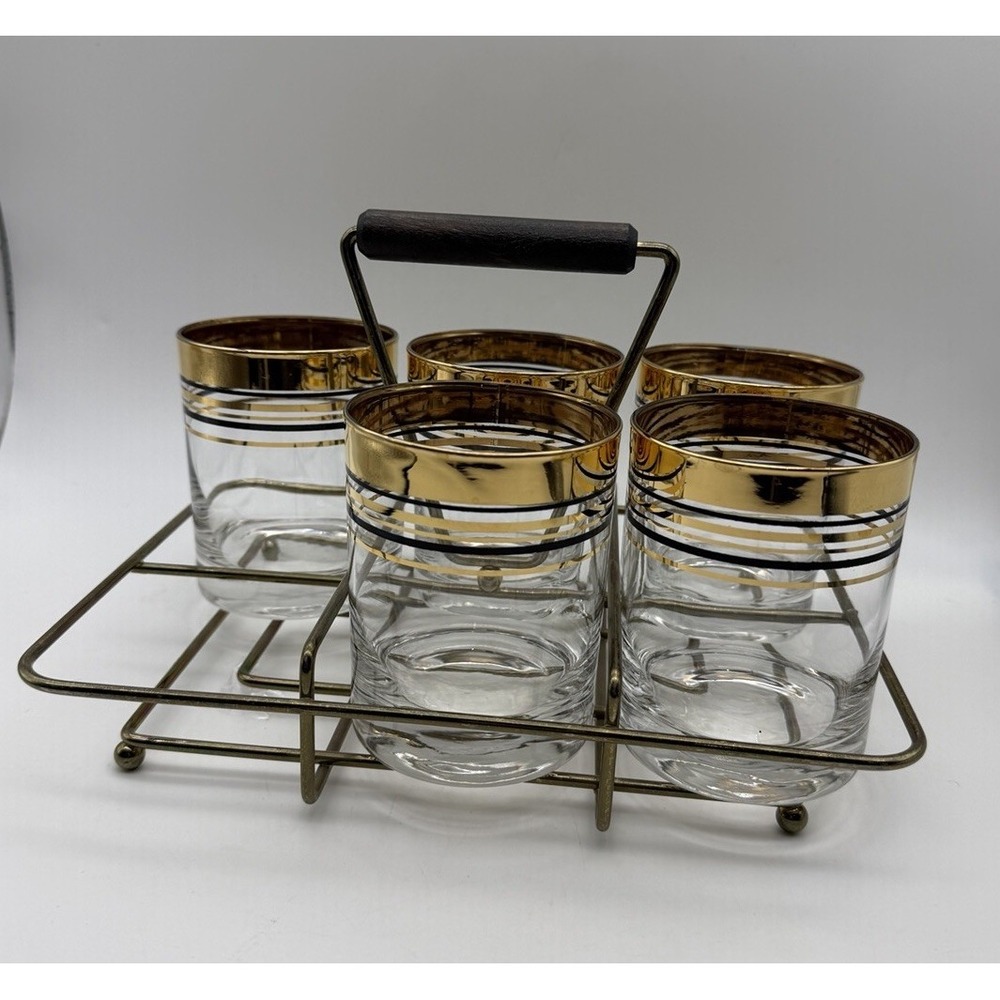 5 Vintage MCM Double Old Fashioned Whiskey/Cocktail Glasses 22K Gold w Caddy